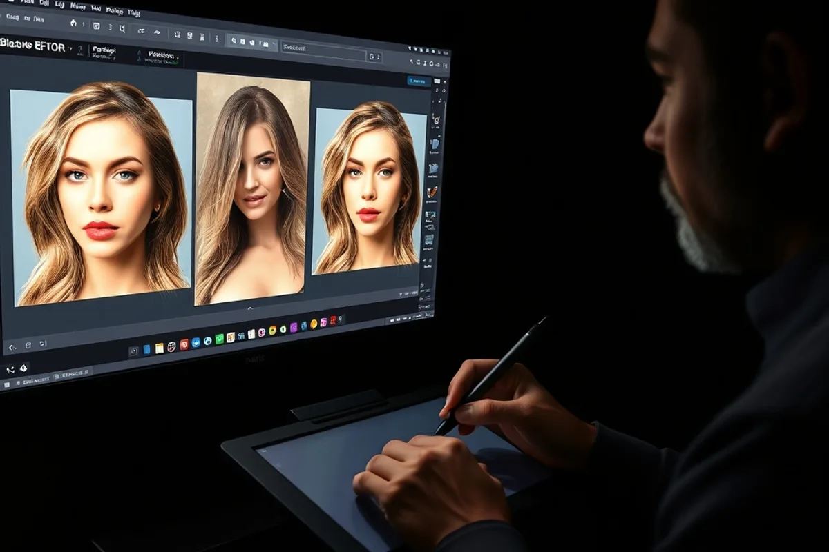 A photo studio desk with a camera, calibrated monitor and product shots