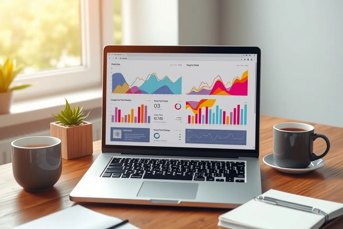 A laptop showing a cost breakdown with charts in a bright office