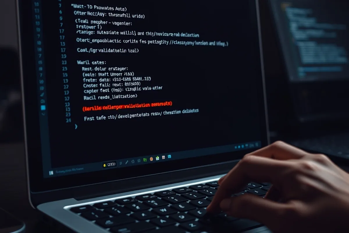 A data engineer reviewing a schema diff on a large monitor