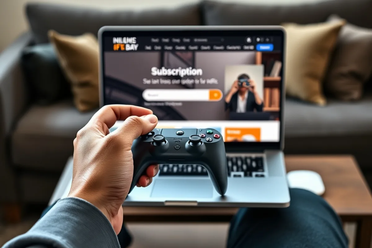 A living room with a console, controller and a television showing a game menu