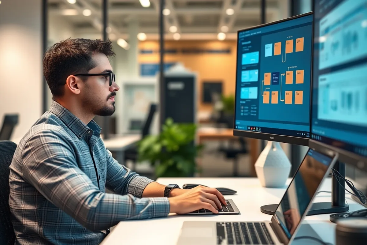 A small engineering team reviewing a deployment diagram on a wall monitor