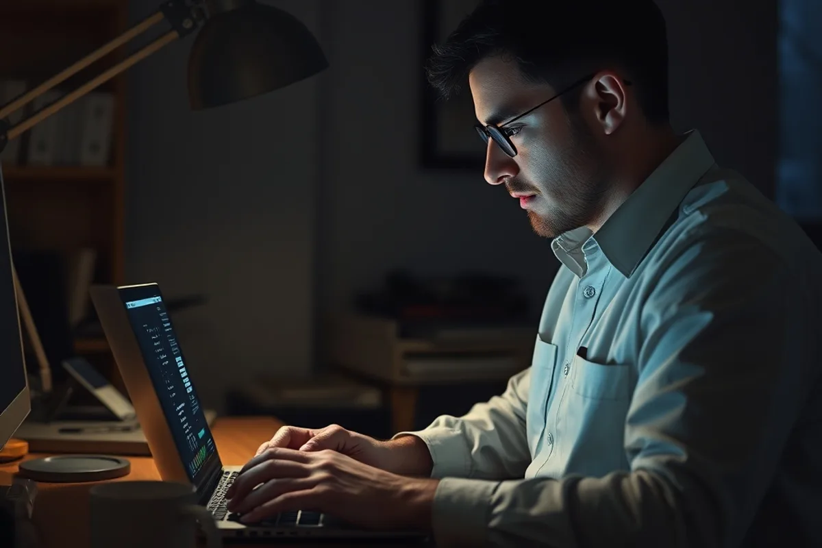 An on-call engineer reviewing alerts on a laptop late in the day