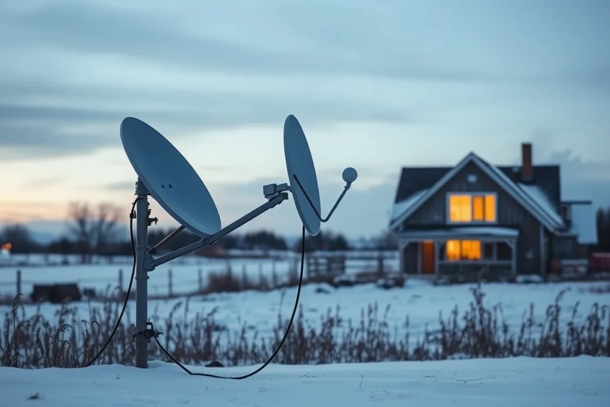 A rural house with a satellite dish and a small antenna on the roof