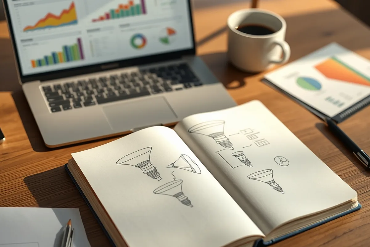 An analytics dashboard with funnel charts on a desk beside a notebook