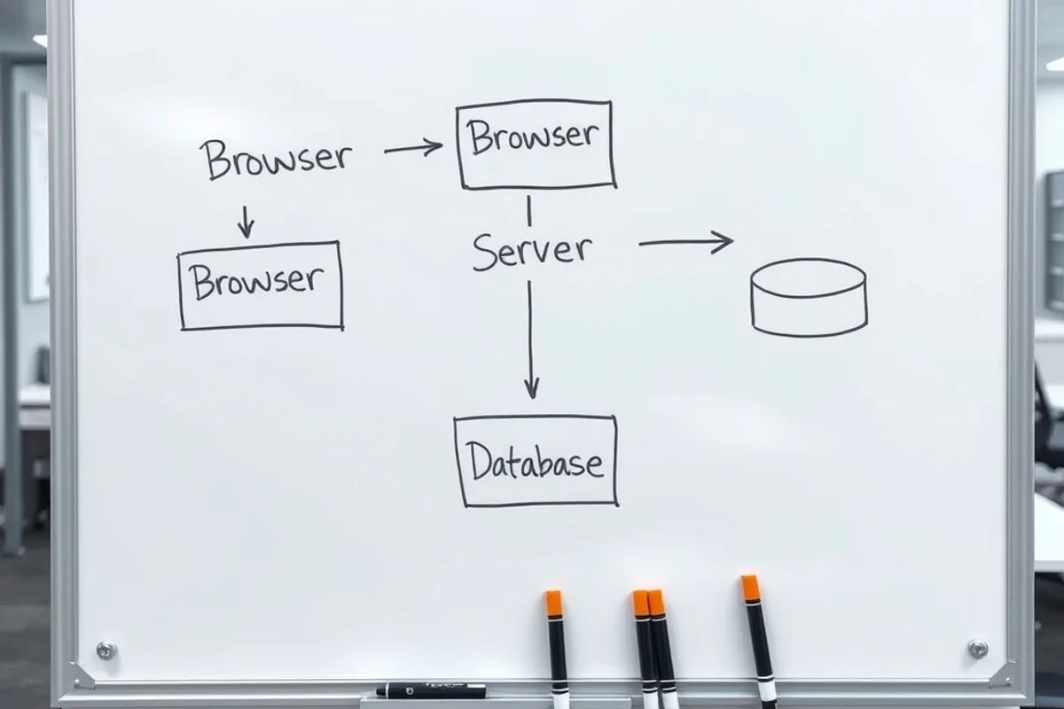 A diagram of browser, collector and warehouse data flow on a whiteboard