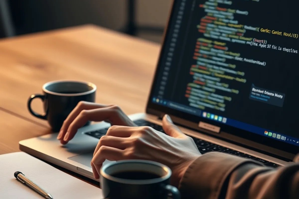 An engineer writing SQL queries next to a coffee cup